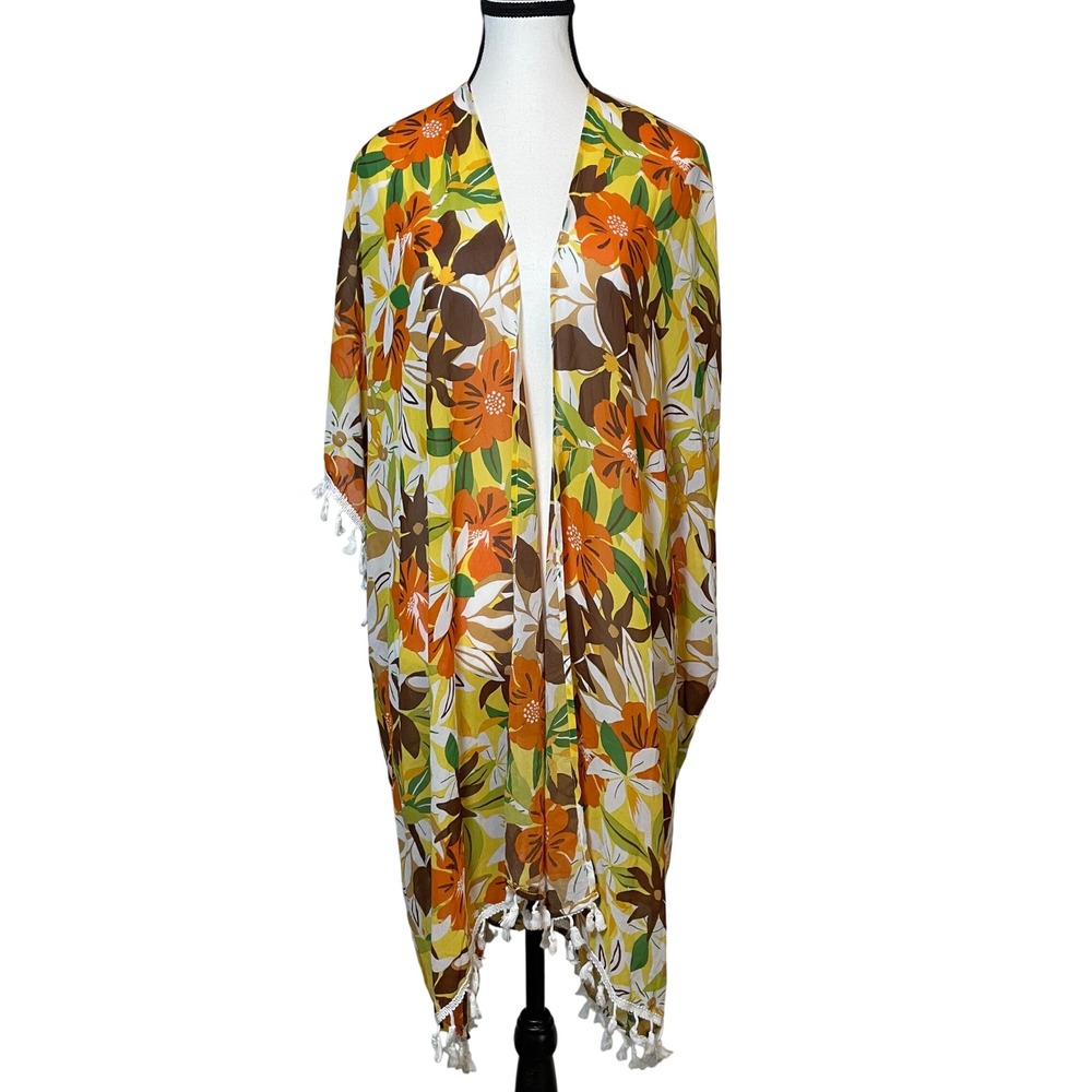 Kontrol Floral Print Kimono Colorful Open Front Hawaii Beach Cover Up‎ Size L
